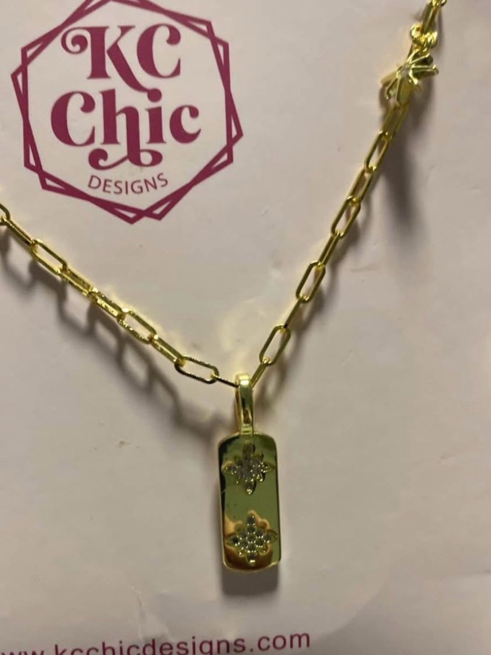 KC Chic Designs Gold Rectangular Pendant Necklace with Sparkling Flower Accents